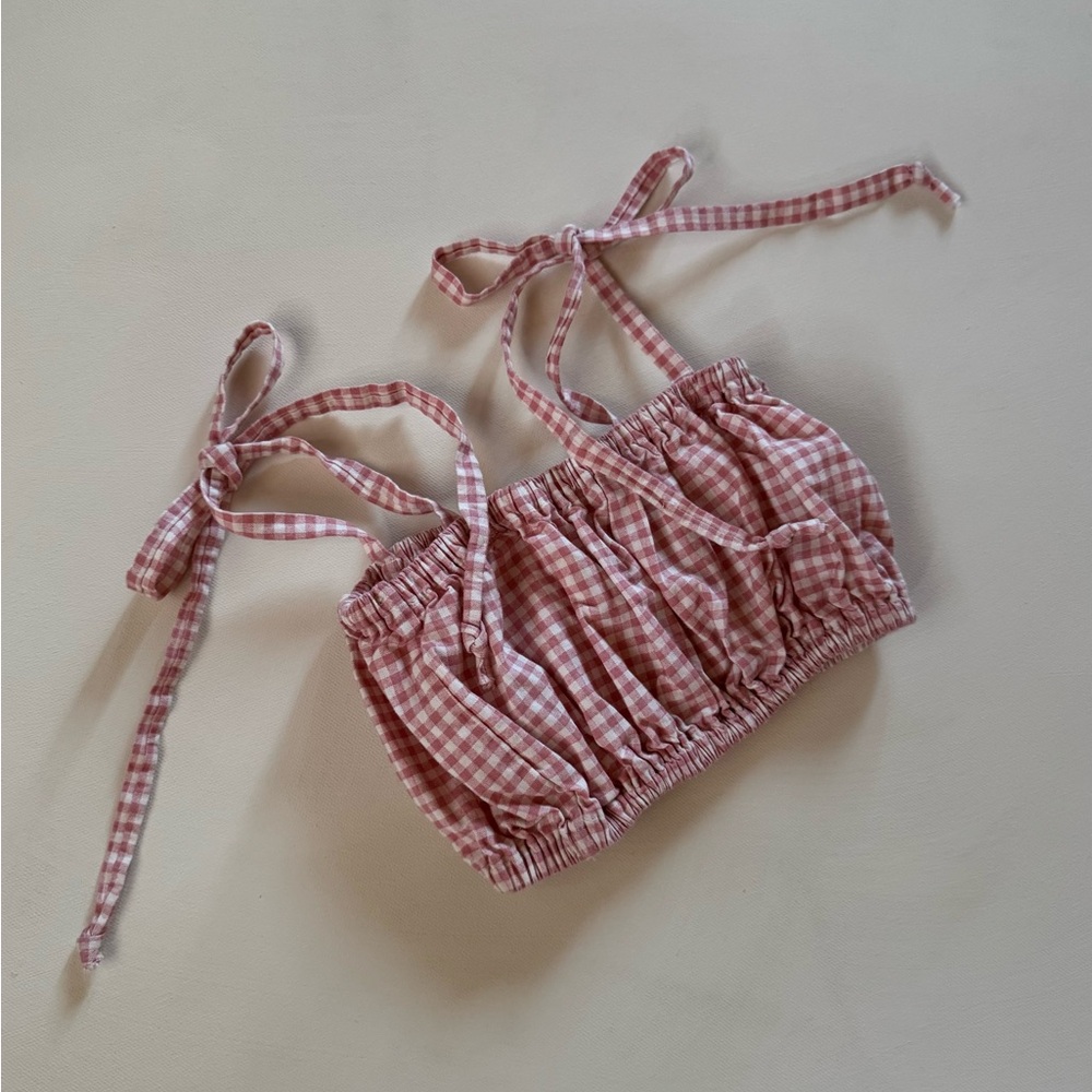 Pink Gingham Tie Strap Ruched Top